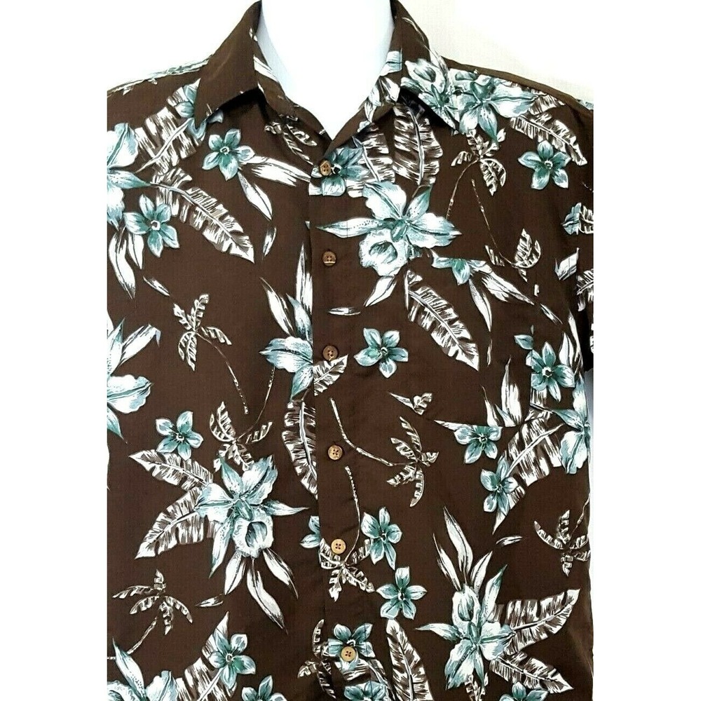 Milano Bay Mens Hawaiian Shirt M Brown Blue Aloha Short Sleeve Button
